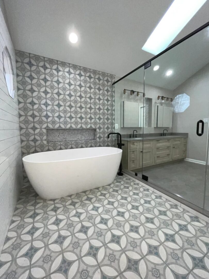 A bathroom with a tub and sink in it
